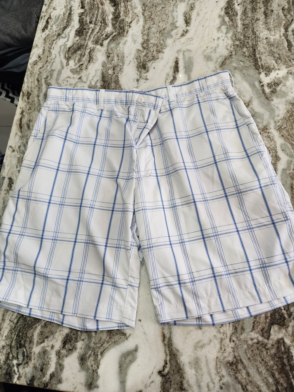 Men's White Plaid Shorts with Blue Windowpane